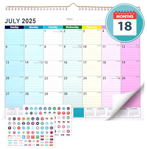 JIANTA Kalender 2025-2026 Wandkalender (Monatskalender Querformat 385 * 295mm) Von Juli 2025 bis Dezember 2026-18 Monate Tischkalender mit Stickers für Paarkalender, Familienplaner (Bunt)