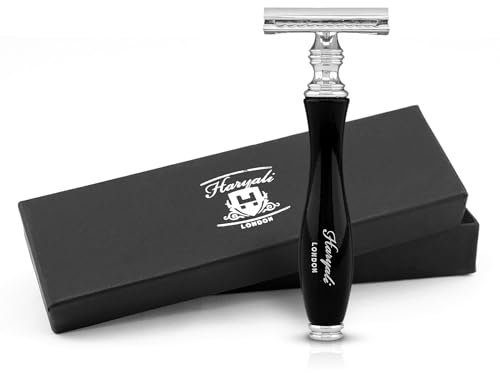 Haryali London Rasierhobel mit Doppelklinge für Damen und Herren – Doppelklinge aus Metall – Ergonomisches Design – Wiederverwendbarer Rasierer – Schwarz – Passend für alle DE-Klingen