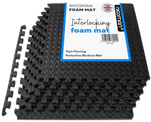 Nicoman 4Pcs Large Interlocking Floor Mats, Black EVA Foam Gymnastics Mat Tiles for Heavy Weight Workout Exercise Home