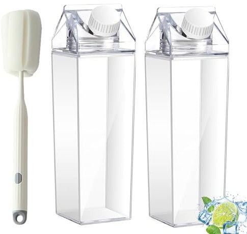 2 Piezas Botella de Agua Transparentes, 1000ml Reutilizable Botella de Agua Transparente, botella de Leche Cuadrada con Cepillo, Botella de Agua Transparente de Gran Capacidad, para Nevera