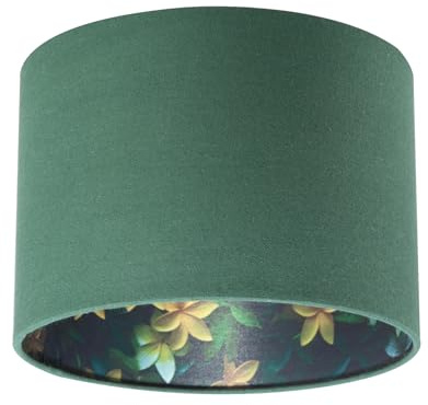 Traditional Yellow and Green Flowers Round Lamp Shade in Forest Green Linen Fabric | 18cm x 25cm | for Lamp Base or Ceiling Pendant Cable by Happy Homewares