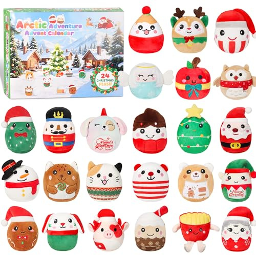 Adventskalender 2025 - Countdown bis Weihnachten mit 24-tägigen Mikro-Squishy-Spielzeugen, 8,1 cm, niedlicher Plüsch-Adventskalender für Kinder, Weihnachtsferien, Geschenke für Erwachsene, Strumpf