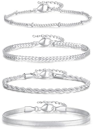 Sahoottie 4Pc Armband Damen Silber Armband Silber 925 Damen Versilbertes Armbänder Mama Geschenk Verstellbar Stapelbare Kettenarmband für Mädchen Twist Schlange Armkette Geschenk für Mama Freundin
