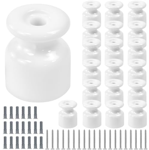ZXBBTZ 20PCS Aisladores de Porcelana para Cable Trenzado Ø19 mm, Abrazadera Cable Porcelana, Aisladores de Ceramica Blanco, Aislante dePorcelana con Tornillos y Tacos para Seguridad deCable Eléctrico