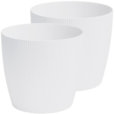 Home Garden Ornaments Modern Striped Plastic Plant Pots Indoor/Outdoor, 2 Pack, White, 18cm