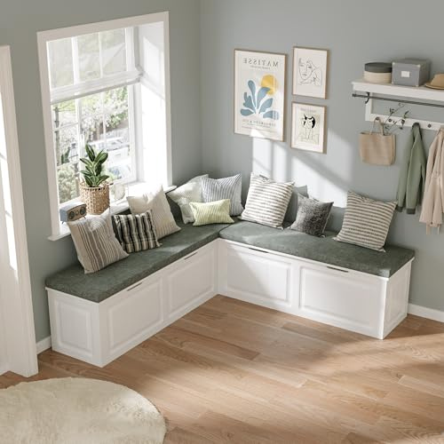 PREMTURE L-Shaped Shoe Bench with Padded Seat, Shoe Storage Bench with 4 Hidden Storage Compartments, Wooden Hallway Bench for Entryway Living Room, White & Grey
