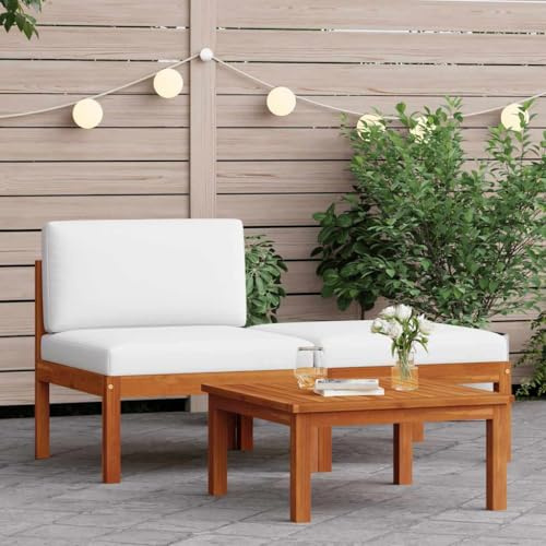 Owoxanthellate Lot de 3 salons de jardin en bois d'acacia - 65 x 65 x 60 cm - Avec coussins blanc crème et corde noire - Petit canapé d'extérieur modulaire - Petit pour terrasse, balcon, jardin