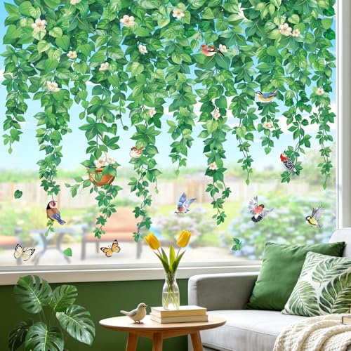 wondever Stickers Fenetre Feuille Verts Pendaison Vigne Autocollant Fenêtre | Adhérence Statique Sans Colle, Recto-Verso, Anti-Collision, Réutilisable, Décoratif Printemps pour Salon Chambre Cuisine