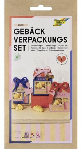 folia 48205 - Gebäck Verpackungsset Bakery, 6 Geschenktüten als Bäckerei mit Deko-Schleifen und Anhängern, inkl. 6 x 40 cm Chenilledraht, für Süßigkeiten und Gebäck
