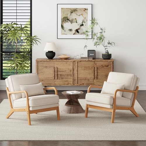 COLAMY Sessel Wohnzimmer Mid-Century Modern 2er Set, Loungesessel mit Lendenkissen, Massivholzrahmen & weichem Polster, bequemer Lesesessel für Wohnzimmer und Schlafzimmer, Beige