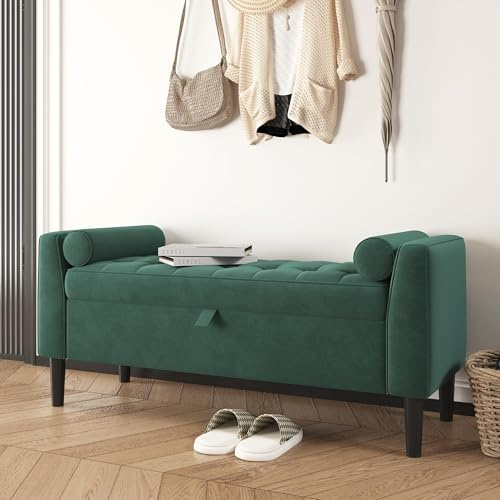 GarveeHome 118cm Storage Ottoman Footstool – Upholstered Shoe Bench with Rolled Arms & Solid Wood Legs, Space-Saving Bed End Stool for Hallway, Bedroom, Dressing Room & Living Room – Green
