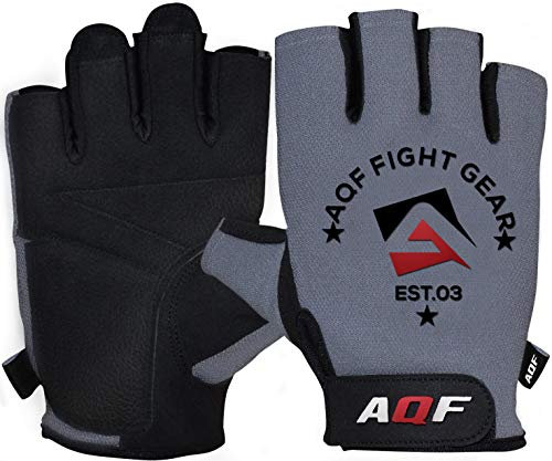 AQF - Guanti per Sollevamento Pesi, per Allenamento, Fitness, Palestra, Allenamento, in Pelle di Capra Scamosciata con Palmo Imbottito in Gel (Grigio, Medio)