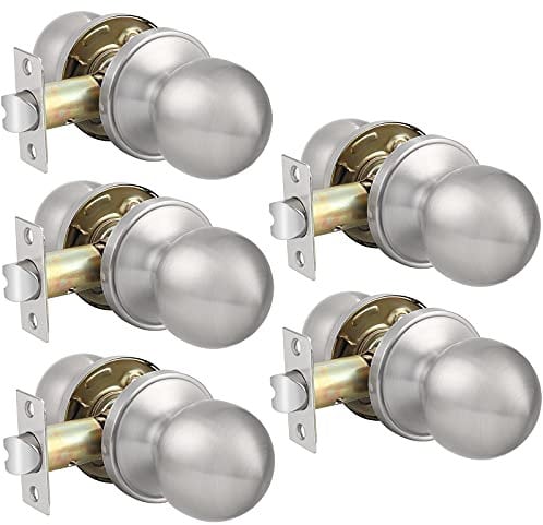 Probrico 5 Pack Interior Passage Door Knob for Hallway Stainless Steel Closet Two Sides Round Door Knobs with Latch Satin Nickel
