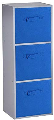 URBNLIVING Wooden Bookcase Grey 3 Tier + 3 Dark Blue Drawer