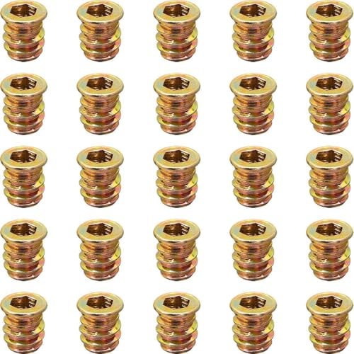 YoiYee Wood Furniture M6 x 13 mm Threaded Insert Nuts Interface Hex Socket Drive Zinc Yellow Passivated - 25 Pack