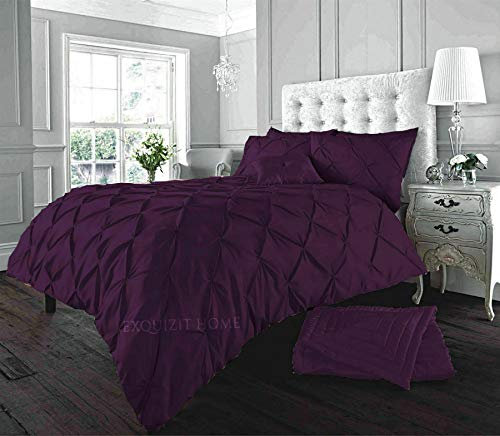 EXQUIZIT HOME Duvet Quilt Cover Pin Tuck Pinch Pleat Alexander Alford Reversible Diamond Bedding Set With Matching Pillowcase Plum Double 200cm x 200cm Approximate