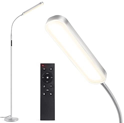 OUTON Stehlampe LED Dimmbar 15W 1500LM, Leselampe mit 4 Farbtemperatur, Fernbedienung und Touch Steuerung, 1H Timer, Leseaufgabe Beleuchtung für Wohnzimmer Schlafzimmer Büro, Silber Grau