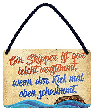 Skipper Segler Kapitän Blechschild - Metallschild mit Kordel und Saugnapf - witziges Retro Deko Schild - lustiger Spruch Geschenk für Segler Seemann Matrose Schiffer Käpt'n Bootsbesitzer - 18x12cm