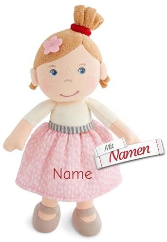 HABA Puppe Lara personalisiert, Stoffpuppe Bestickt mit Namen auf rosa Kleid - 25 cm, ab 6 Monaten, Geschenk zur Kita Eingewöhnung und Kindergartenstart