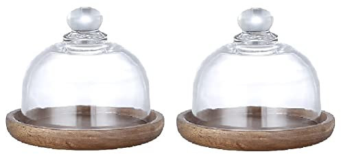 Mini Kuchenständer Tortenständer Mit Glasglocke, 2er Holz Kuchenplatte Tortenplatte Käse-Brett Mit Fuß Und Haube, Handgefertigtes Klarglas Käseglocke Glasglocke Mit Teller Für Cupcake Dessert Obst