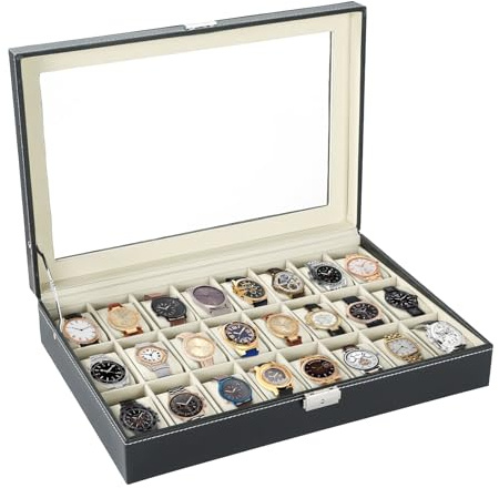 NATGAI Watch Box 24 Slots, Elegant Watch Display Case Glass Top (Beige)