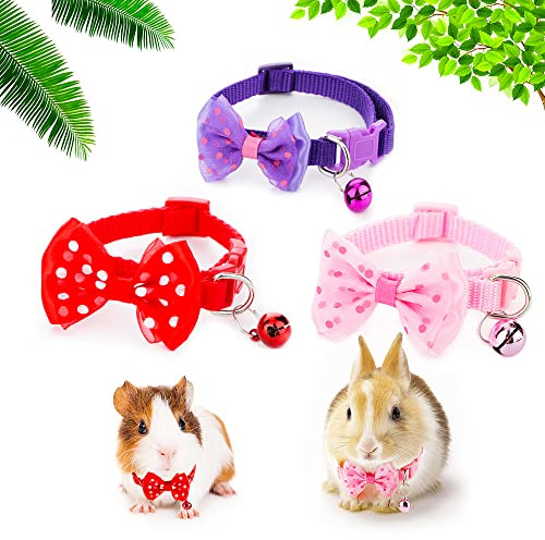 3 Stück verstellbare Halsbänder mit Glöckchen, Meerschweinchen mit Schleife, niedliches Halsband, für kleine Tierübungen und Interaktionszubehör (Farben können variieren)