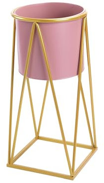 green leaves Metal Planter Stand with Plant Pot Flower Pot for Indoor Balcony Flower Rack (Pink, Medium)