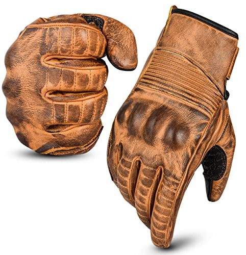 Hand Fellow Men's Tan Leather Motorcycle Gloves | Touchscreen Riding Gloves, Breathable Full Finger Biker Gloves for ATV, Motocross, Dirt Bike, Cycling, Road Racing (Tan, Medium)