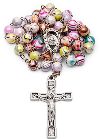 Mondo Cattolico - Rosario católico Multicolor de cuentas Arlequín de 8 mm con pieza central decorada de Nuestra Señora de los Dolores.