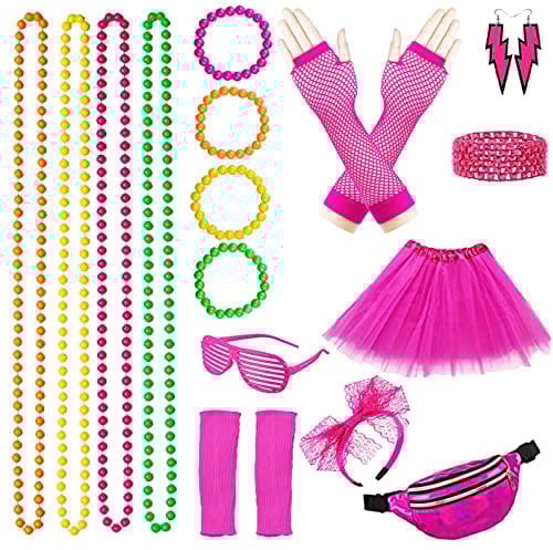 90er 80er Jahre Accessoires Set Neon 80er Jahre Outfit Damen Mottoparty Sport Aerobic Outfit 80er Bauchtasche Damen kleidung Typisch 80er Jahre Neon Rock Stulpen Stirnband Schweißbänder (Rose)