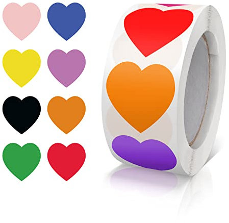 Aufkleber Herz 8 Farben Selbstklebende Herzform Etiketten Rolle 25mm klein Farbkodierung Heart Sticker für Hochzeiten Scrapbooking Geschenke 500 Stück