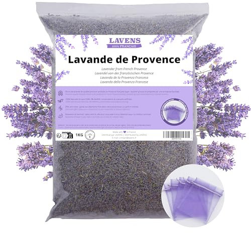LAVENS | Lavendelblüten getrocknet | 100% französisch | 1KG + 20 GRATIS Organza Säckchen! Getrockneter Lavendel, ideal für duftende Lavendelsäckchen & Potpourri. Premium-Qualität und intensiver Duft.