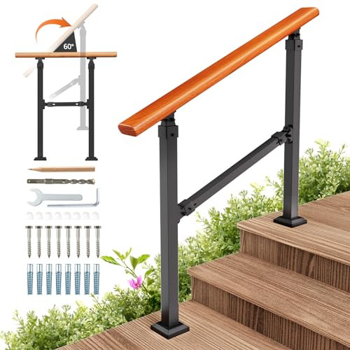 UOKRR Kit de pasamanos de escalera al aire libre, barandilla de mano de grano de madera de hierro para interiores, se adapta a 1-3 escalones