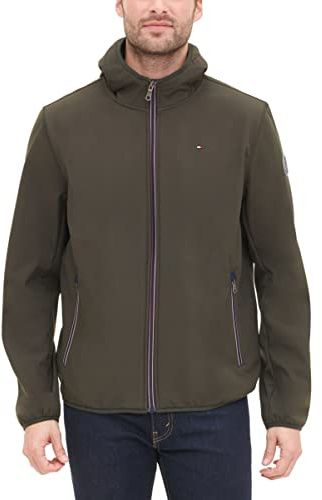 Tommy Hilfiger Men's Lightweight Water Resistant Breathable Hooded Performance Softshell Jacket, Olive, 5X