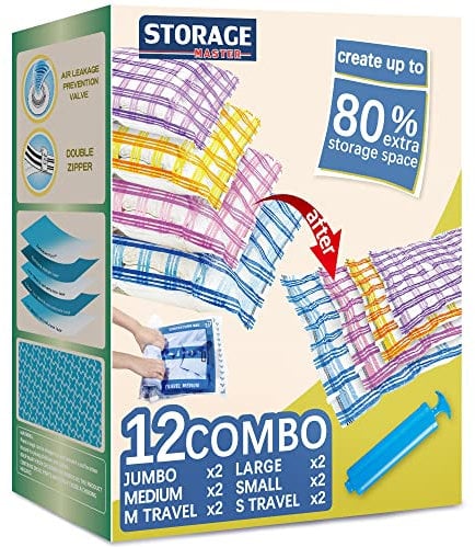 Storage Master Space Saver Bags for Travel and Home Reusable Vacuum Storage Bags Save 80% More Storage Space with Travel Hand Pump (12 Pack)