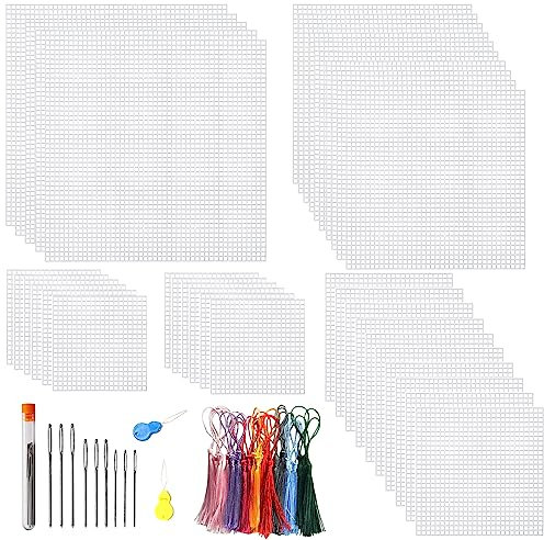 Allazone 53 Stück Mesh Canvas Sheets Plastic Canvas Quadrat Kreuzstich Stoff Kunststoff Kreuzstich Kunststoff Baumwolle Stoff für Stickerei, Stricken und Häkelprojekte