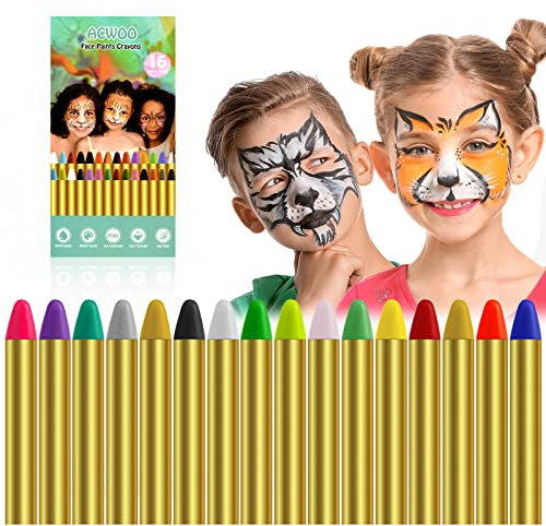 ACWOO Pintura de Cara, 16 Colores Seguridad No Tóxica Pintura Facial, Crayones de Maquillaje Ideal para Halloween Navidad Cosplay Fiesta y Party