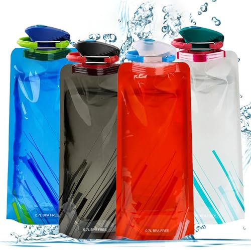 Sunshine smile 4 Stück Faltbare Trinkflasche,Wiederverwendbare Wasserflasche,700ML Faltbare Trinkflasche Set,Tragbarer Zusammenklappbare Wassersack,Faltbare Flexible Wasserflasche für Unisex Adult