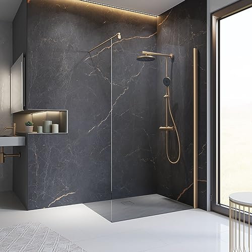 Schulte paroi de douche fixe à l’italienne 120 x 200 cm, barre 122 cm incluse, aspect cuivre mat, montage gauche droite, verre de sécurité 6mm antical, plage de réglage 118.0-120.5