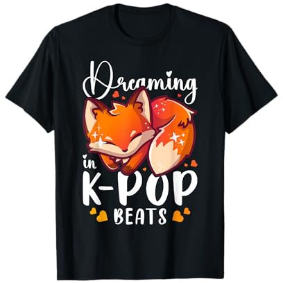 K-Pop Musik & Träume, Schlaffuchs, K-Pop Schlaf T-Shirt Schwarz, Unisex-Jugendliche, Unisex-Erwachsene, Frauen, Kurzarm, T-Shirt, Cartoon, Musik, Klassisch, Klein