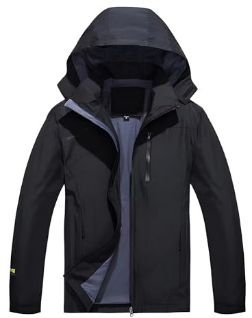 Ynport Crefreak Hommes Extérieur Imperméable Veste de Pluie Respirante Doublée de Randonnée Manteau de Pluie Coupe-vent Avec Capuche Détachable et Poche à Fermeture éclair, Noir, XXL