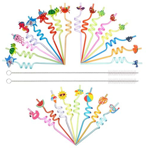 24 Pieces Reusable Drinking Straws Summer Hawaiian Dinosaur Animal Shape Party Straws Colorful Novelty Curly Straw Plastic Funny Straws for Kids Birthday Party Cocktail Family Reunion Decor Supplies
