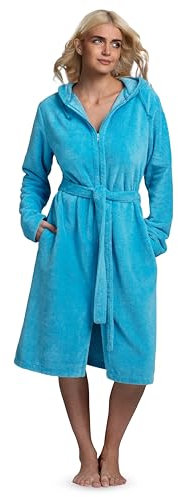Twinzen Bademantel Damen Reißverschluss Kapuze - Bademantel Damen flauschig aus superweicher Öko-Tex Baumwolle Blau - Größe S
