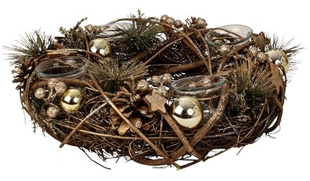 Weihnachtlicher Adventskranz aus Mehreren Materialien rund mit Gold/brauner Dekoration für Teelichter Durchmesser 34 cm