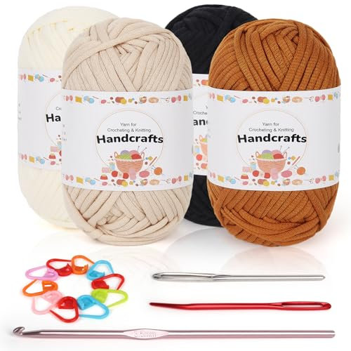 Coopay 4 Stück Einfach Garn Zum Häkeln und Stricken für Anfänger - Gut Sichtbare Maschen Mit Häkelzubehör - Baumwoll-Nylon-Garn in Schwarz, Milchig Weiß, Beige und Braun