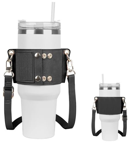 Linkidea Water Bottle Holder with Strap Compatible with Stanley Quencher H2.0 30oz/40oz, Simple Modern 40oz Tumbler, Vegan Leather Waterbottle Bag Holder, Shoulder Strap with Keyring, Black