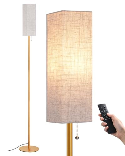 EDISHINE LED Stehlampe, Stehleuchte Wohnzimmer Dimmbar, E27 Leselampe mit Leinen Lampenschirm & Fernbedienung, Standleuchte mit 3 Farbtemperaturen, Stehlampe Vintage für Schlafzimmer, Gold
