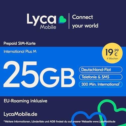 Lycamobile International Plus M Prepaid SIM Karte ohne Vertrag inkl. 25 GB Datenvolumen