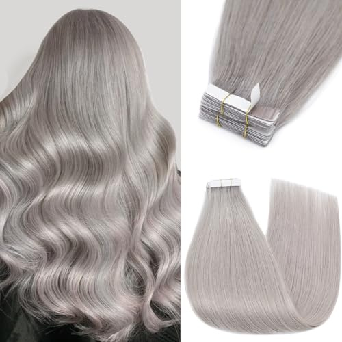 Silk-co Tape Extensions Echthaar 10 Stück 25g, Remy Tape in Extensions Haarverlängerung, Skin Weft Echthaar Haarextensions für dünnes Haar 55cm # Grau