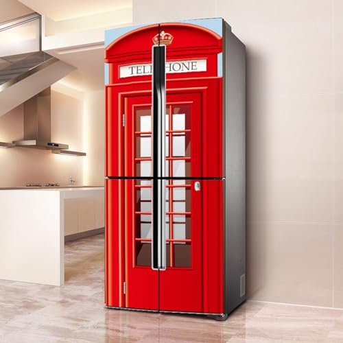 Fridge Wraps Kitchen Fridge Stickers Cover Full Doors, Fridge Sticker Full Covering Door Fridge Covers Decor, Freezer Skins Wall Stickers for Kitchen Decal, London Red Telephone Pavilion